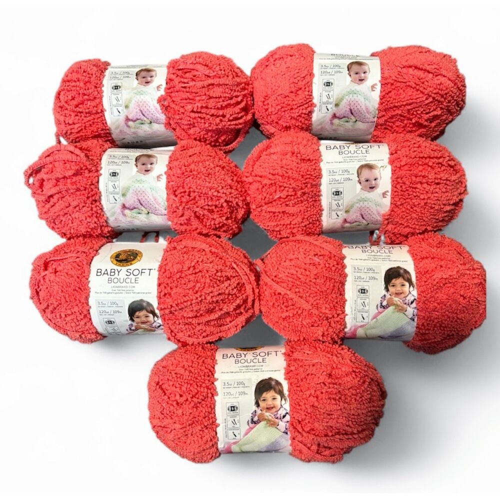 Lion Brand Baby Soft Boucle Yarn Coral Pink 100% Polyester Lot of 7 Skeins NWT